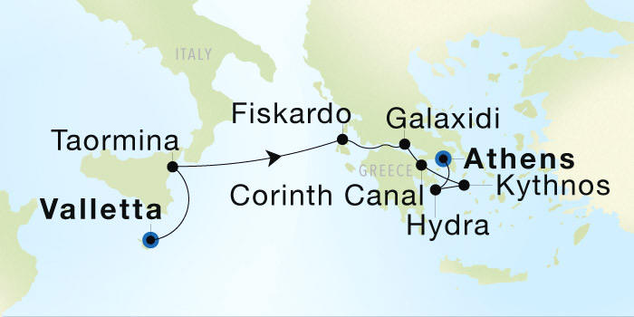 Seadream Cruises SeaDream 1 Itinerary 2028 Valletta to Athens (Piraeus) Luxury Cruise Itinerary Map