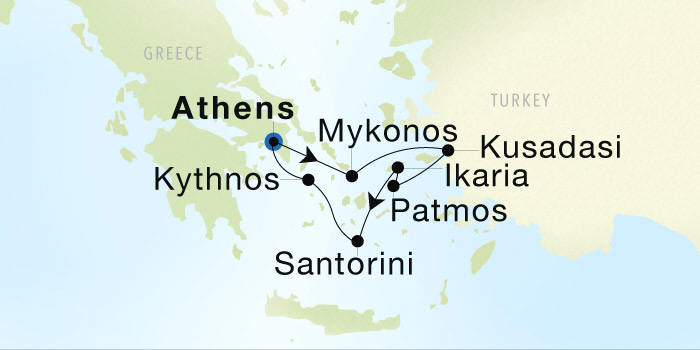 Seadream Cruises SeaDream 1 Itinerary 2028 Athens (Piraeus) to Athens (Piraeus) Luxury Cruise Itinerary Map