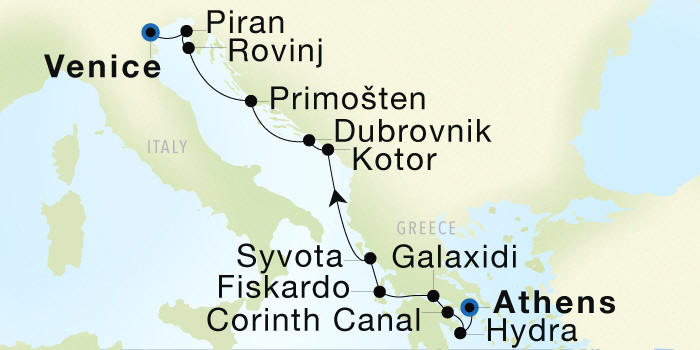 Seadream Cruises SeaDream 1 Itinerary 2028 Athens (Piraeus) to Venice Luxury Cruise Itinerary Map