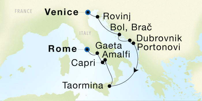 Seadream Cruises SeaDream 1 Itinerary 2028 Venice to Rome (Civitavecchia) Luxury Cruise Itinerary Map