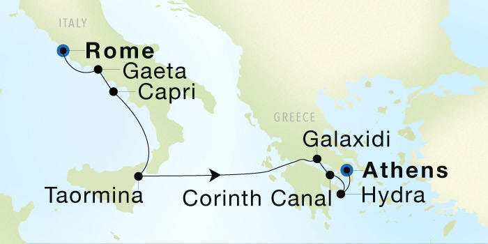 Seadream Cruises SeaDream 1 Itinerary 2028 Rome (Civitavecchia) to Athens (Piraeus) Luxury Cruise Itinerary Map