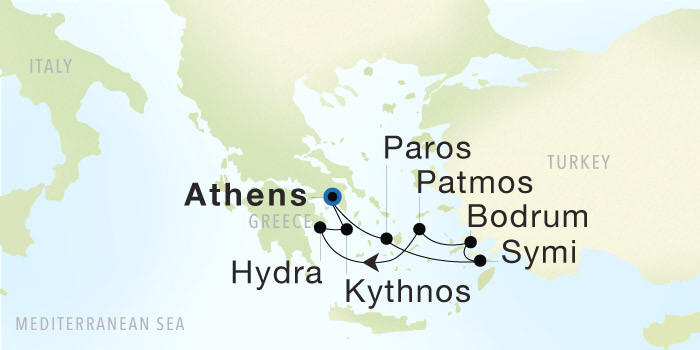 Seadream Cruises SeaDream 1 Itinerary 2028 Athens (Piraeus) to Athens (Piraeus) Luxury Cruise Itinerary Map