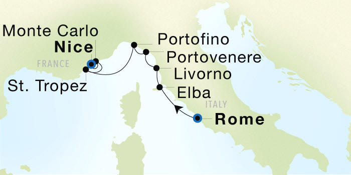Seadream Cruises SeaDream 1 Itinerary 2028 Rome (Civitavecchia) to Nice Luxury Cruise Itinerary Map