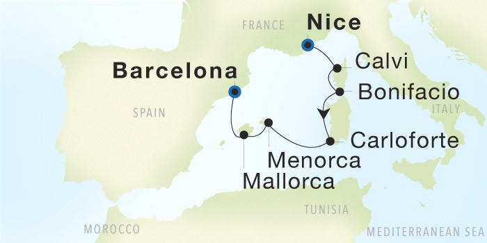 Seadream Cruises SeaDream 1 Itinerary 2028 Nice to Barcelona Luxury Cruise Itinerary Map