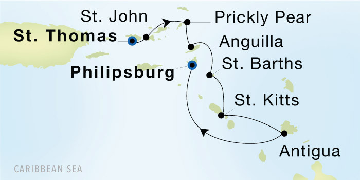 Charlotte Amalie, St. Thomas to Philipsburg Luxury Cruise Itinerary Map