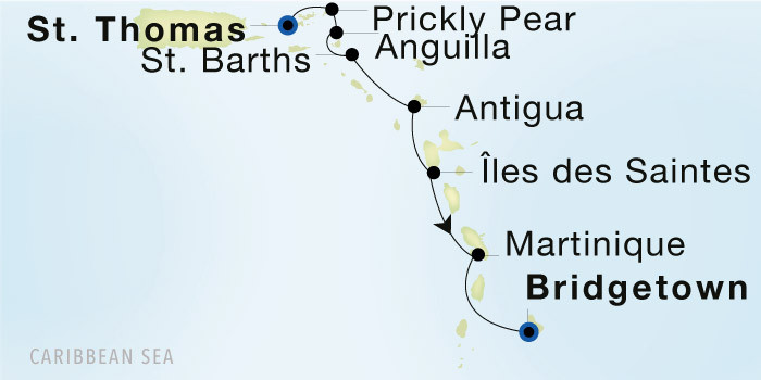 Charlotte Amalie, St. Thomas to Bridgetown, Barbados Luxury Cruise Itinerary Map