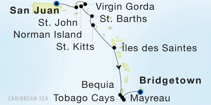 San Juan to Bridgetown, Barbados Seadream Luxury Cruise Itinerary Map