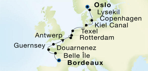 Bordeaux to Oslo Luxury Cruise Itinerary Map