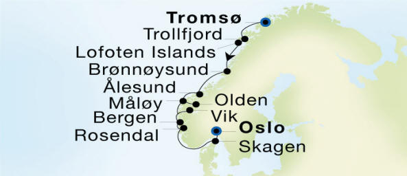 Troms to Oslo Luxury Cruise Itinerary Map