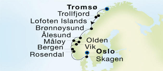 Troms to Oslo Luxury Cruise Itinerary Map