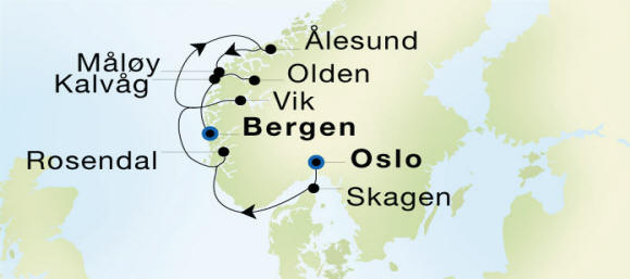 Oslo to Bergen Luxury Cruise Itinerary Map