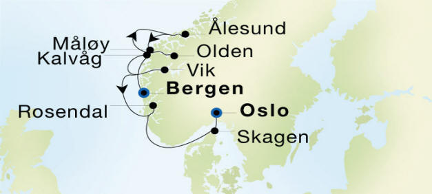 Bergen to Oslo Luxury Cruise Itinerary Map