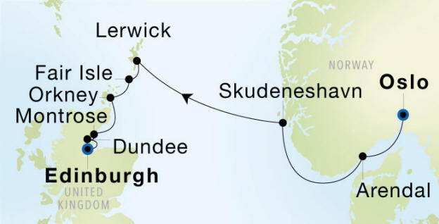 Oslo to Edinburgh (Leith), Scotland Luxury Cruise Itinerary Map