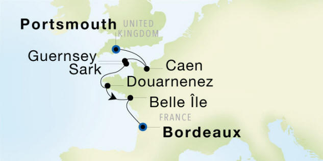 Portsmouth, England to Bordeaux Luxury Cruise Itinerary Map