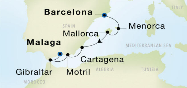 Barcelona to Malaga Luxury Cruise Itinerary Map