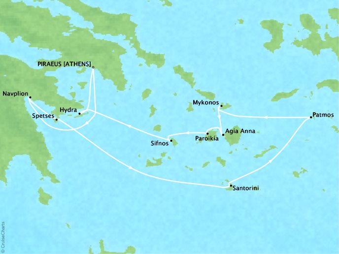 Seadream Cruise Yatch Club SeaDream I Map Detail Piraeus, Greece to Piraeus, Greece September 13-23 2017 - 10 Days