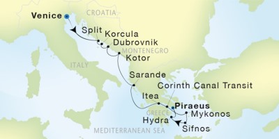 Seadream Yacht Club Cruises SeaDream I  Map Detail Venice, Italy to Piraeus, Greece August 30 September 9 2017 - 10 Days