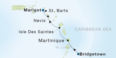 Seadream Yacht Club Cruises SeaDream I  Map Detail Bridgetown, Barbados to Marigot, Saint Martin December 16-21 2017 - 5 Days