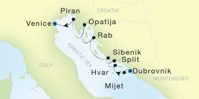 Seadream Yacht Club Cruises SeaDream I  Map Detail Dubrovnik, Croatia to Venice, Italy July 1-8 2017 - 7 Days
