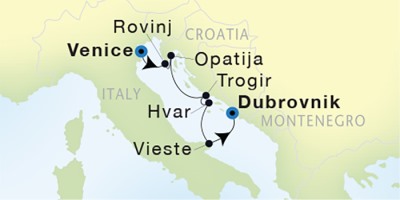 Seadream Yacht Club Cruises SeaDream I  Map Detail Venice, Italy to Dubrovnik, Croatia July 15-22 2017 - 7 Days
