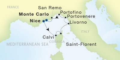 Seadream Yacht Club Cruises SeaDream I  Map Detail Nice, France to Monte Carlo, Monaco June 10-17 2017 - 7 Days