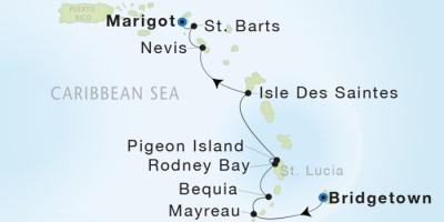 Seadream Yacht Club Cruises SeaDream I  Map Detail Bridgetown, Barbados to Marigot, Saint Martin November 11-18 2017 - 7 Days