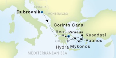 Seadream Yacht Club Cruises SeaDream II  Map Detail Dubrovnik, Croatia to Piraeus, Greece August 26 September 2 2017 - 7 Days