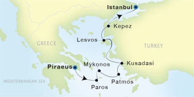 Seadream Yacht Club Cruises SeaDream II  Map Detail Piraeus, Greece to Istanbul, Turkey July 15-21 2017 - 6 Days