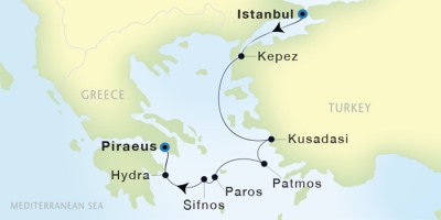 Seadream Yacht Club Cruises SeaDream II  Map Detail Istanbul, Turkey to Piraeus, Greece July 22-29 2017 - 7 Days