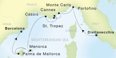 Seadream Yacht Club Cruises SeaDream II  Map Detail Civitavecchia, Italy to Barcelona, Spain October 4-13 2017 - 9 Days