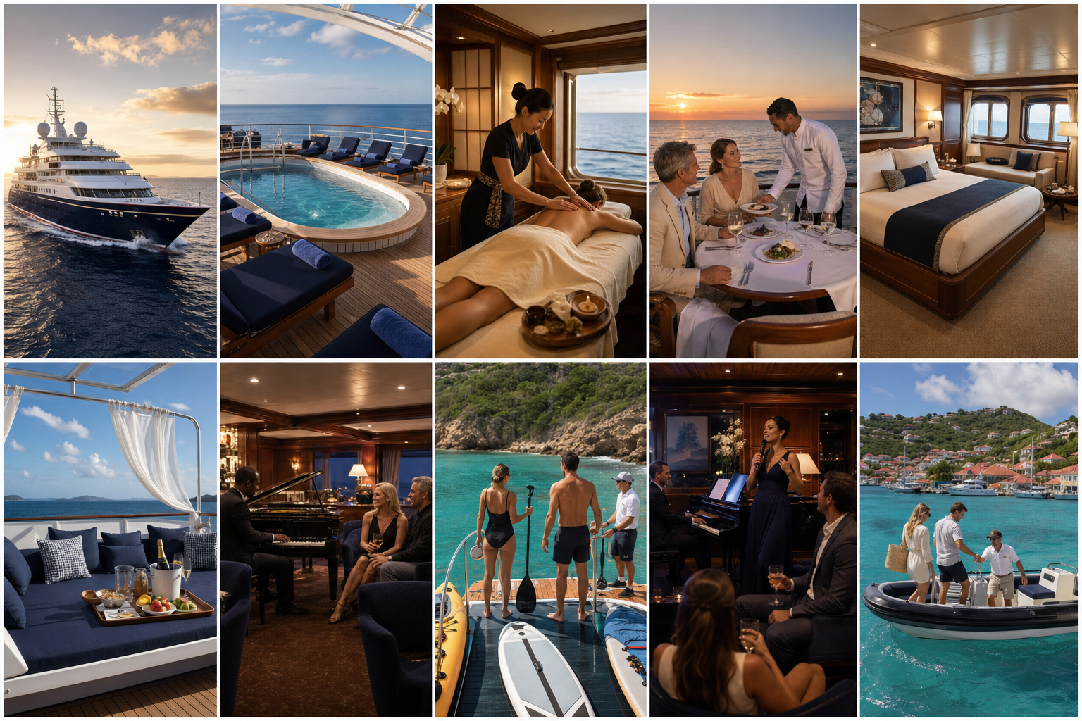 Ten-panel SeaDream luxury cruise inspiration collage featuring the yacht, pool deck, spa, dining, suite, Balinese daybed, lounge, marina, live music, and a Caribbean destination