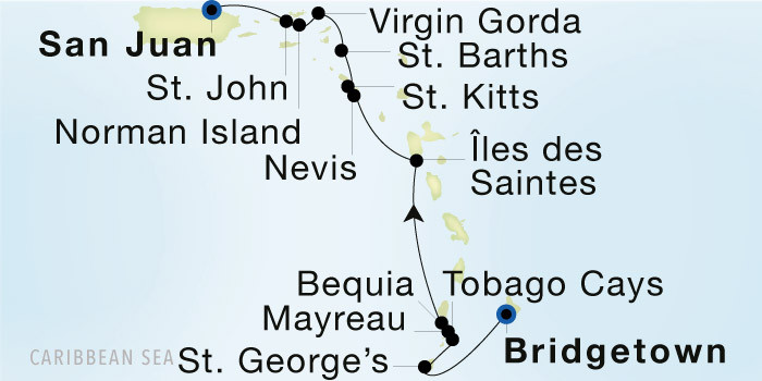 Bridgetown, Barbados to San Juan Seadream Luxury Cruise Itinerary Map