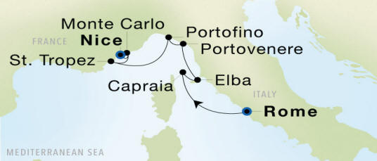 Rome (Civitavecchia) to Nice Seadream Luxury Cruise Itinerary Map