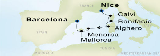 Nice to Barcelona Seadream Luxury Cruise Itinerary Map