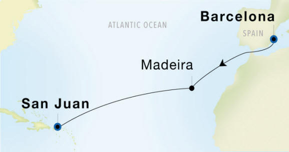 Barcelona to San Juan Seadream Luxury Cruise Itinerary Map