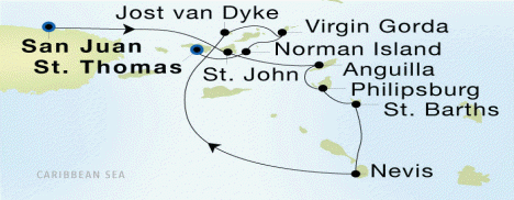 San Juan to Charlotte Amalie, St. Thomas Seadream Luxury Cruise Itinerary Map