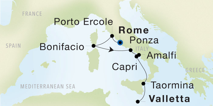 Rome (Civitavecchia) to Valletta Luxury Cruise Itinerary Map