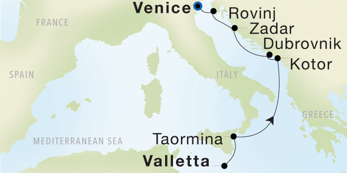 Valletta to Venice Luxury Cruise Itinerary Map