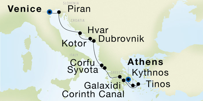 Venice to Athens (Piraeus) SeaDream voyage 12629 itinerary map