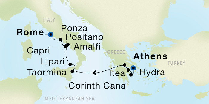 Athens (Piraeus) to Rome (Civitavecchia) SeaDream voyage 12630 itinerary map