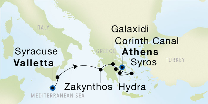 Valletta to Athens (Piraeus) SeaDream voyage 12633 itinerary map