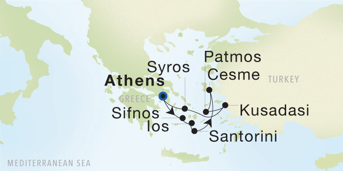 Athens (Piraeus) to Athens (Piraeus) SeaDream voyage 12634 itinerary map