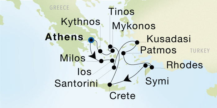 Athens (Piraeus) to Athens (Piraeus) SeaDream voyage 12635 itinerary map