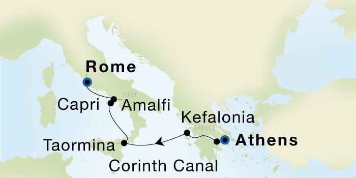 Athens (Piraeus) to Rome (Civitavecchia) SeaDream voyage 12636B itinerary map