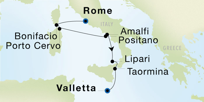 Rome (Civitavecchia) to Valletta SeaDream voyage 12637 itinerary map