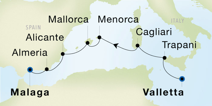 Valletta to Malaga SeaDream voyage 12638 itinerary map