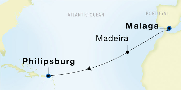 Malaga to Philipsburg SeaDream voyage 12639 itinerary map
