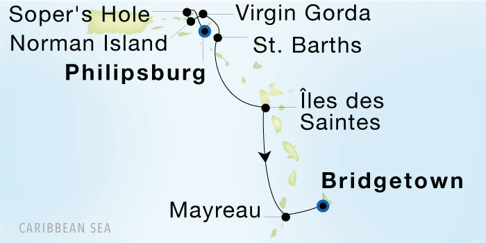Philipsburg to Bridgetown, Barbados SeaDream voyage 12640 itinerary map