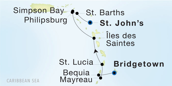 Bridgetown, Barbados to St. John's, Antigua SeaDream voyage 12642 itinerary map