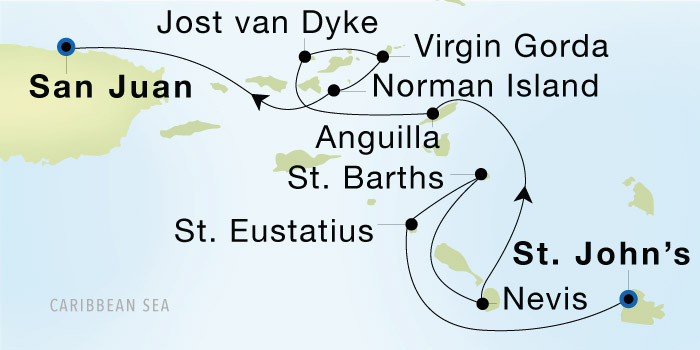 St. John's, Antigua to San Juan SeaDream voyage 12643 itinerary map